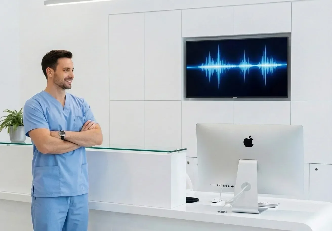 Dental office front desk with AI receptionist software answering phone calls while staff assist patients at check-in desk