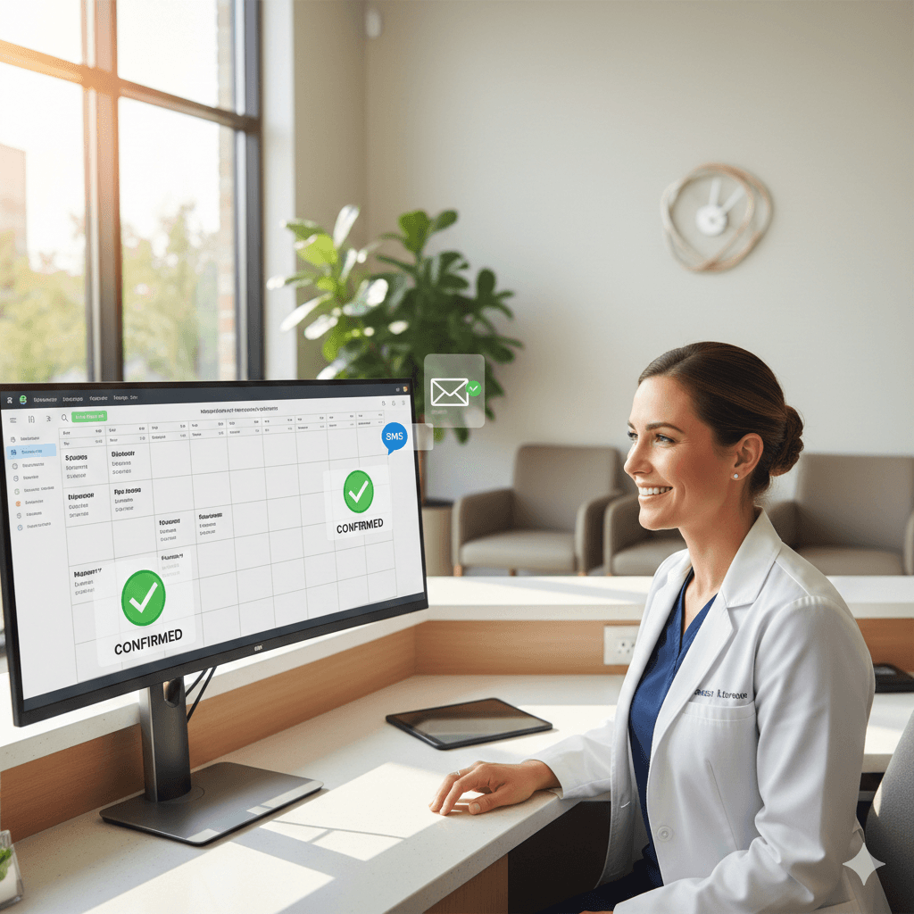 Dental office manager smiling at a computer calendar filled with automated appointment confirmations.