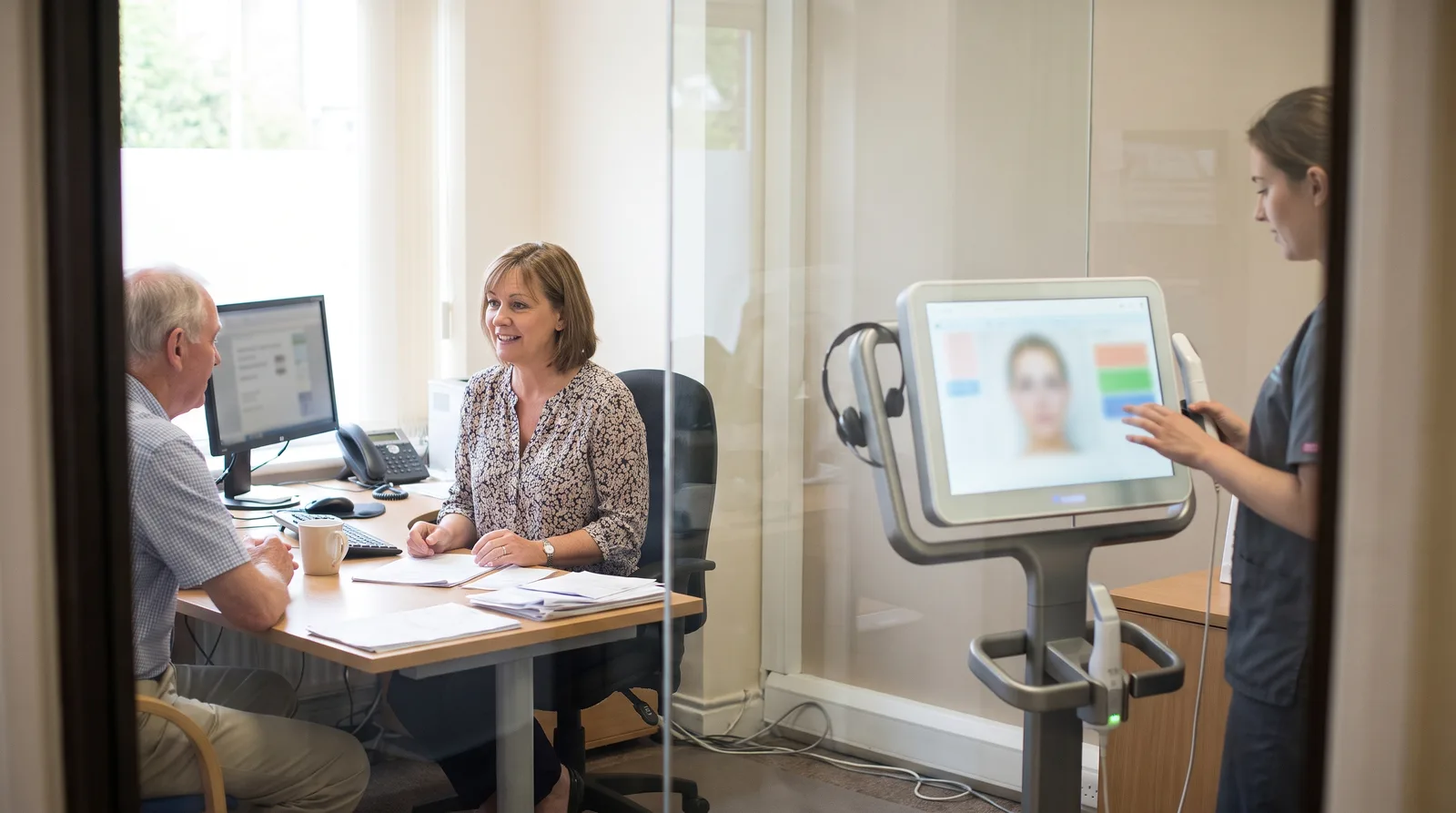 Dental office front desk showing AI software answering phone calls while a human receptionist assists a patient at the desk