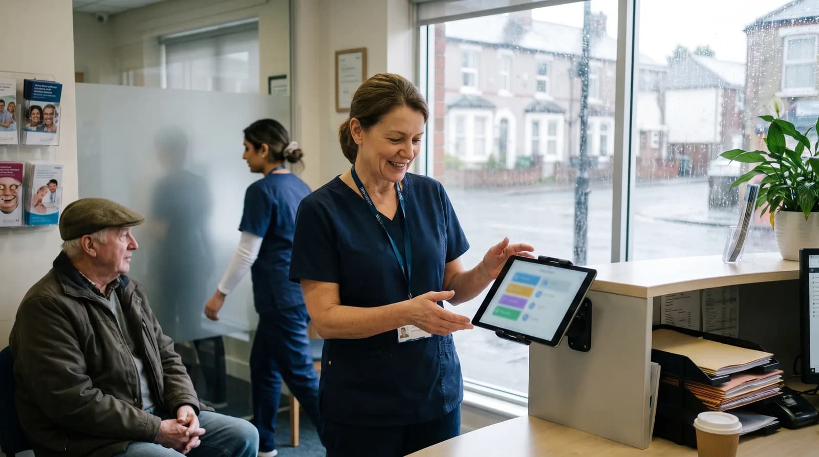 AI receptionist dental implant practice front desk handling a consultation call