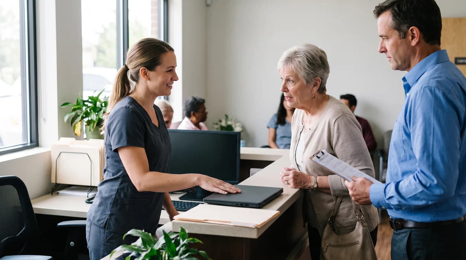 Dental office staff member picking up a phone call handed off from an AI receptionist