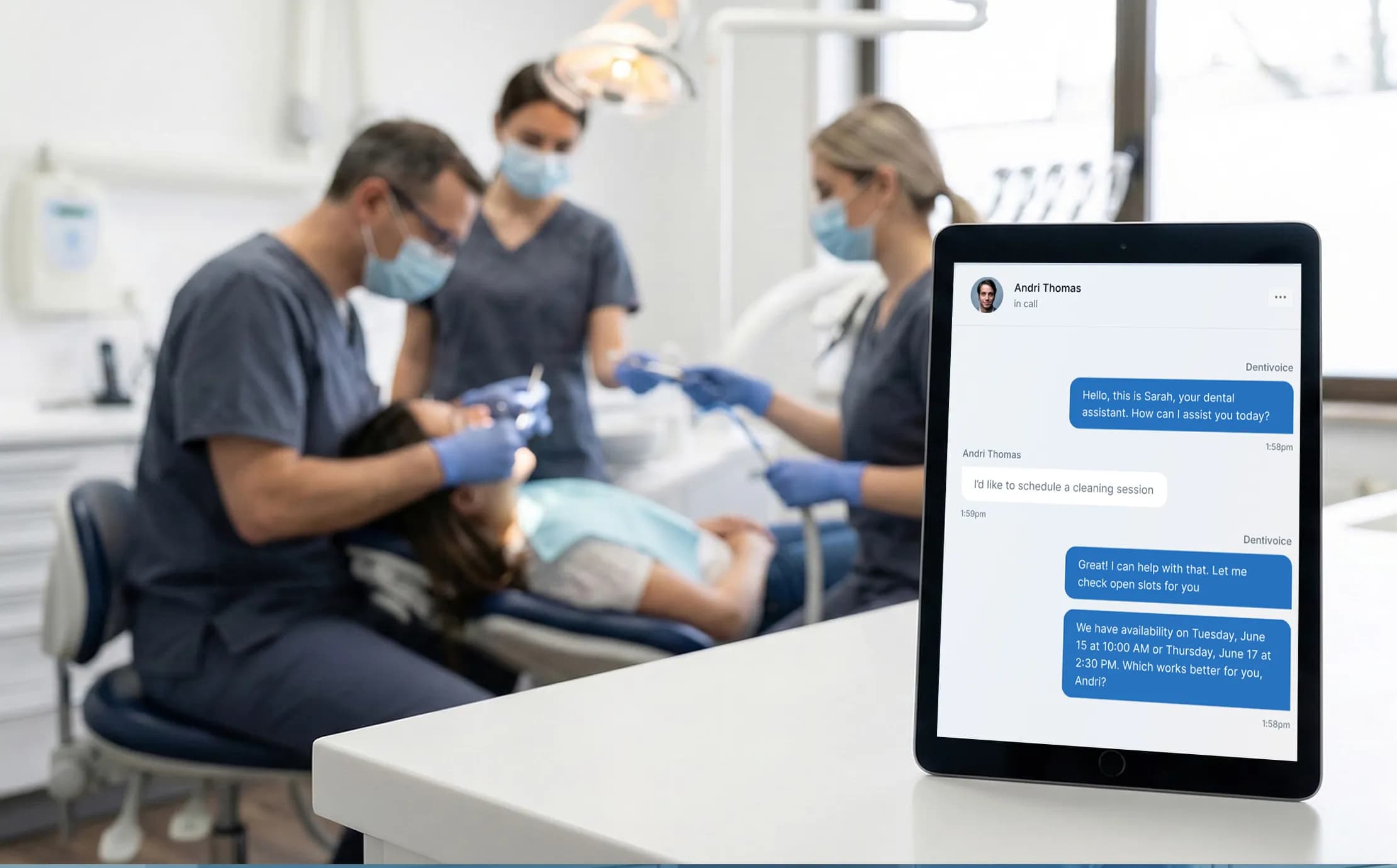 Dental front desk staff using automated scheduling software on computer while patient books appointment online in modern clinic