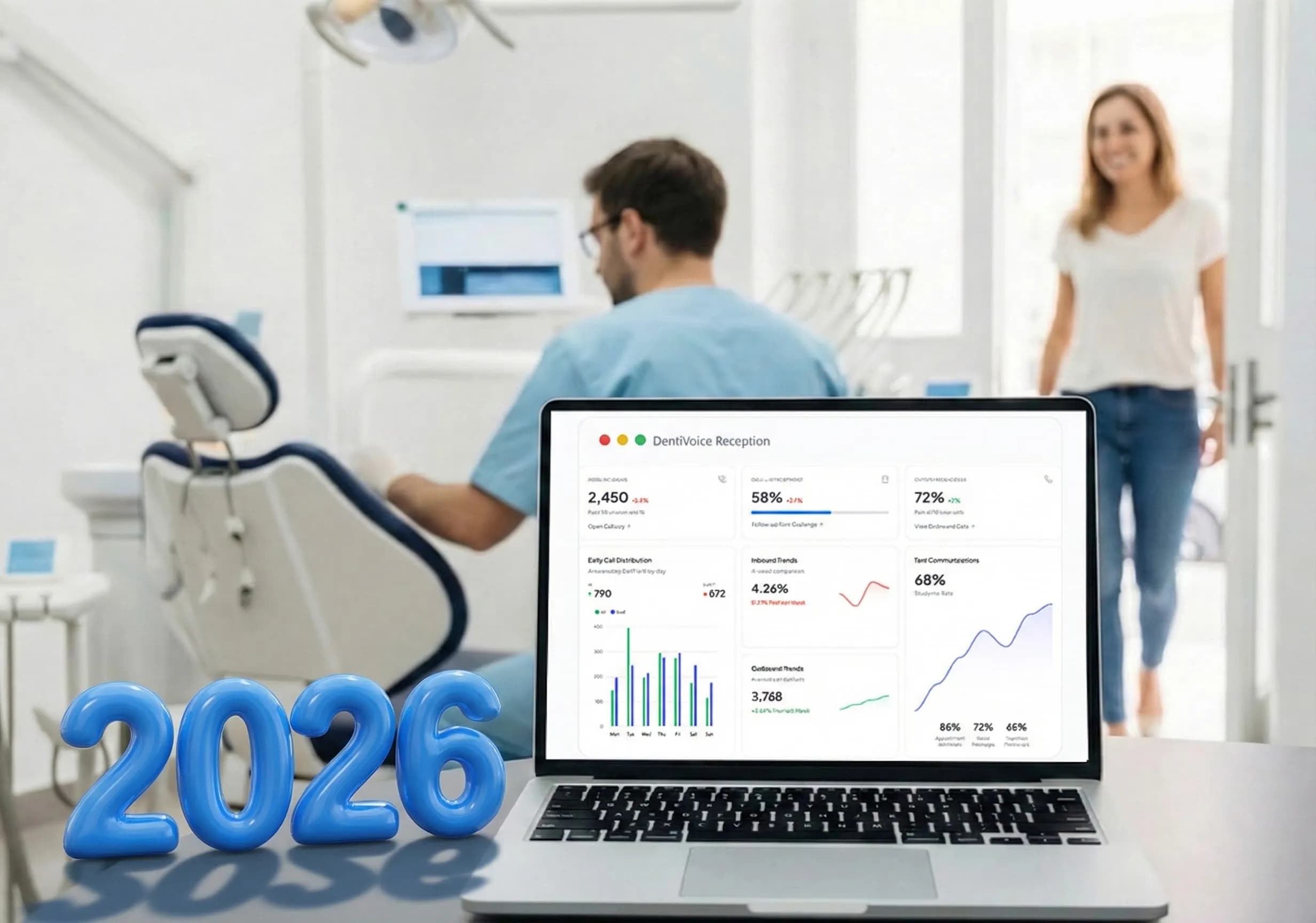 Dental office front desk with AI voicemail assistant on screen as receptionist and patient discuss scheduling in 2026 clinic