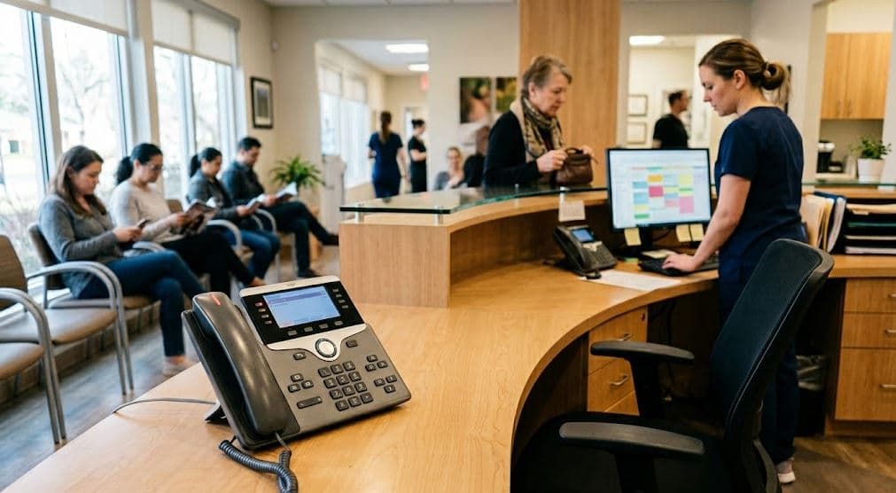 Dental front desk phone ringing unanswered, illustrating AI dental phone answering preventing missed-call revenue loss