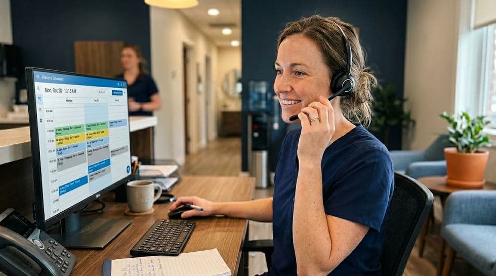 Dental front desk staff view AI outreach dashboard as automated texts and calls reengage overdue patients on a modern screen