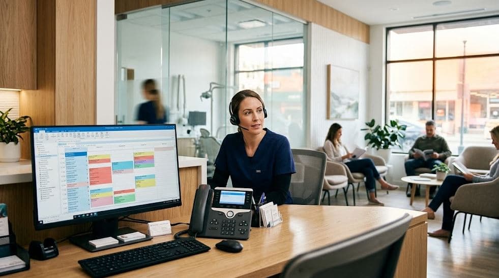 Dental front desk team reviewing AI receptionist dashboard as phones ring, showing automated calls, scheduling, and messages