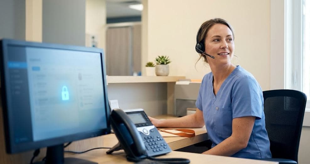 Dental office staff using an AI dashboard for patient calls, with headset-wearing assistant and HIPAA compliance icons