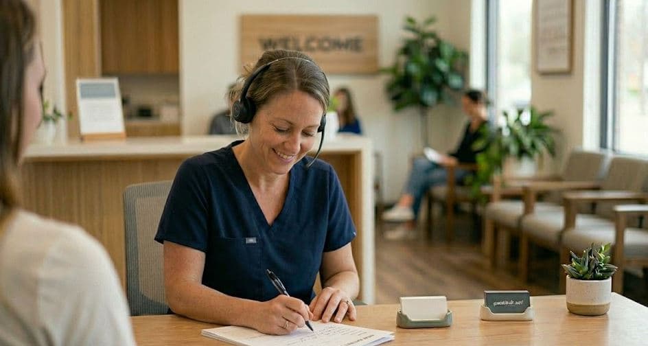 AI-powered dental receptionist answering phone calls on computer screen while staff assists patients at modern front desk