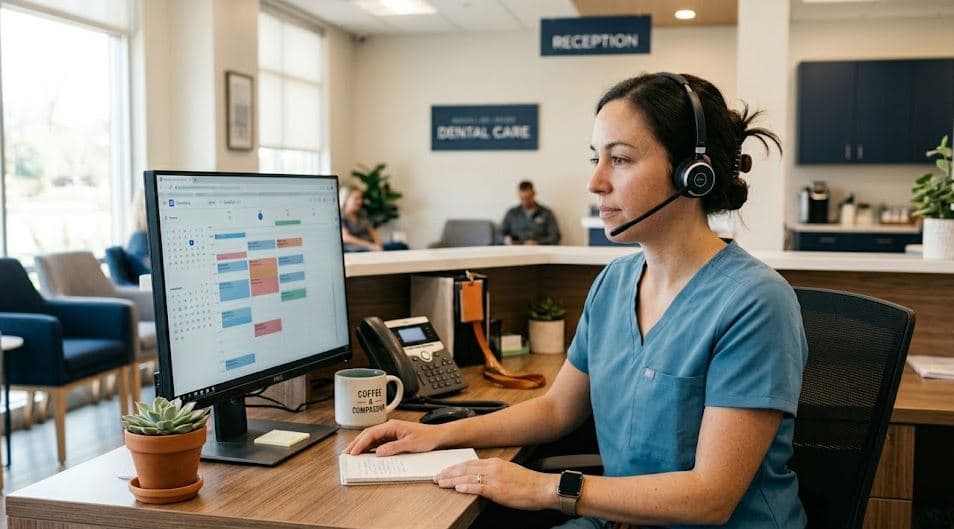 Dental front desk team handling patient phone calls under HIPAA privacy requirements