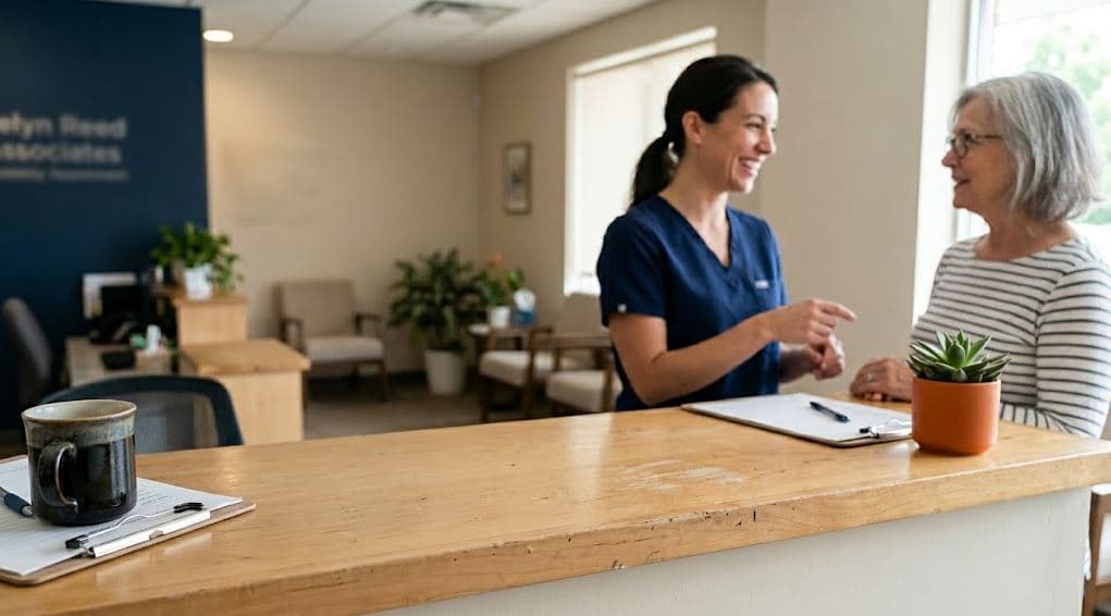 Dental office front desk shows AI receptionist software answering calls on a screen while staff assist patients and schedule visits