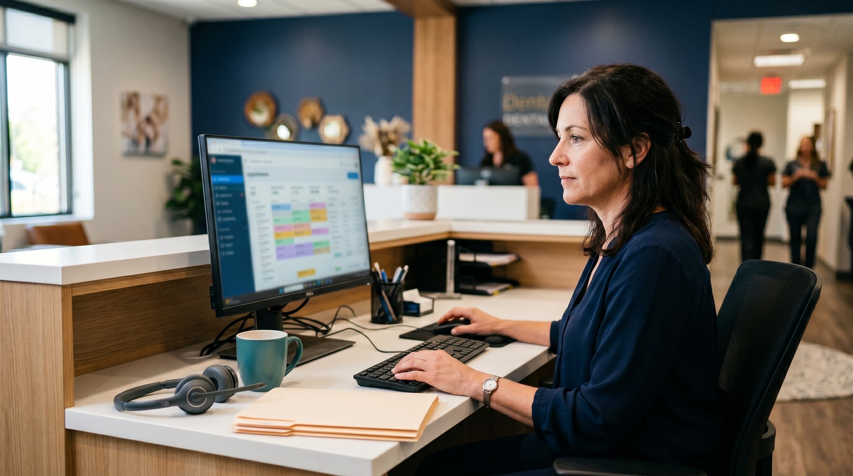 Dental office staff reviewing automated scheduling and billing dashboard on a computer, showing ROI gains for practice AI
