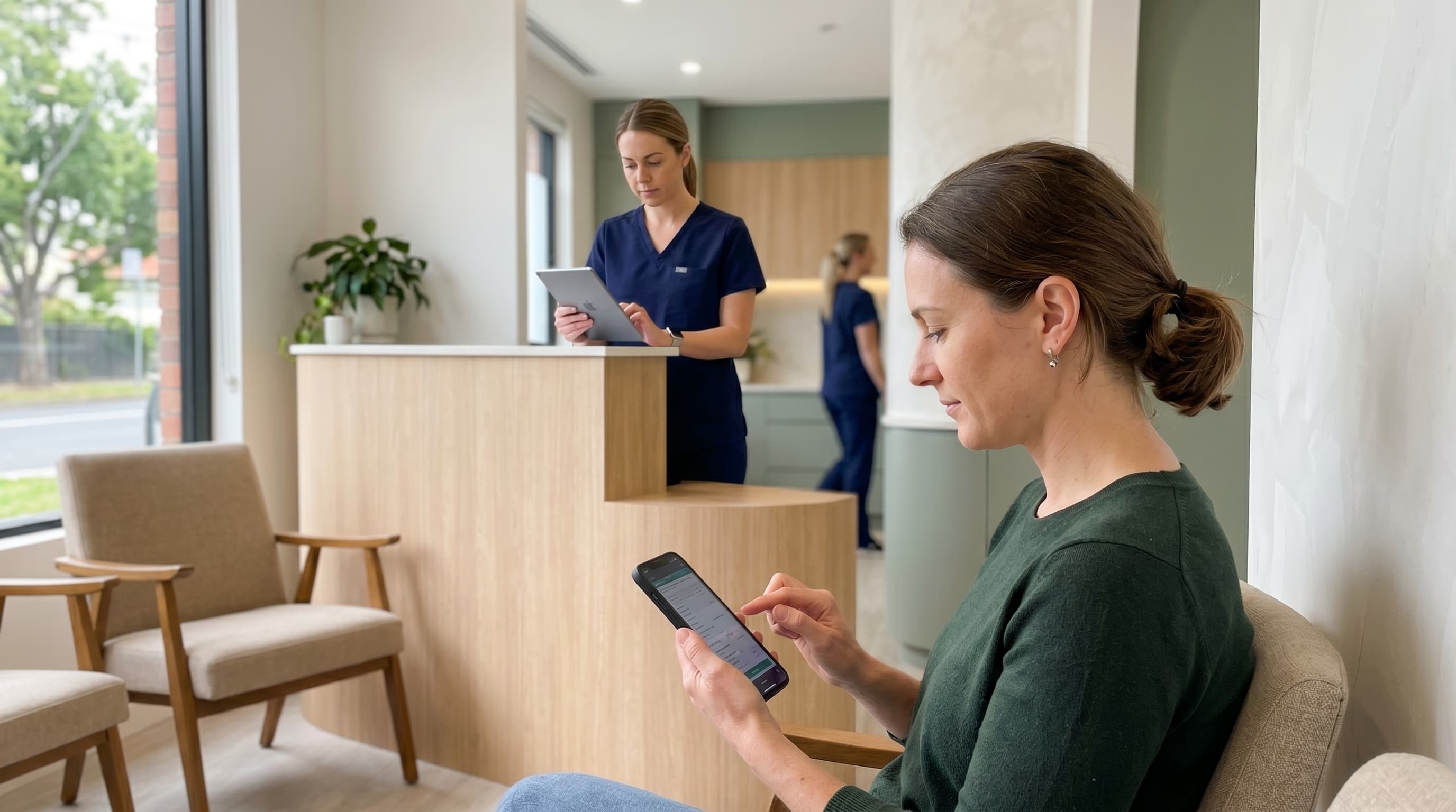 Dental patient using smartphone to complete AI-powered digital intake forms while receptionist reviews data on tablet