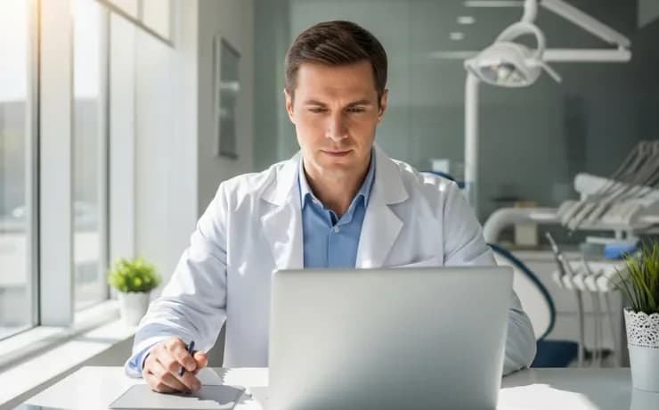 Dentist reviewing Google Ads dashboard on laptop with call metrics while patients search online for local dental care nearby
