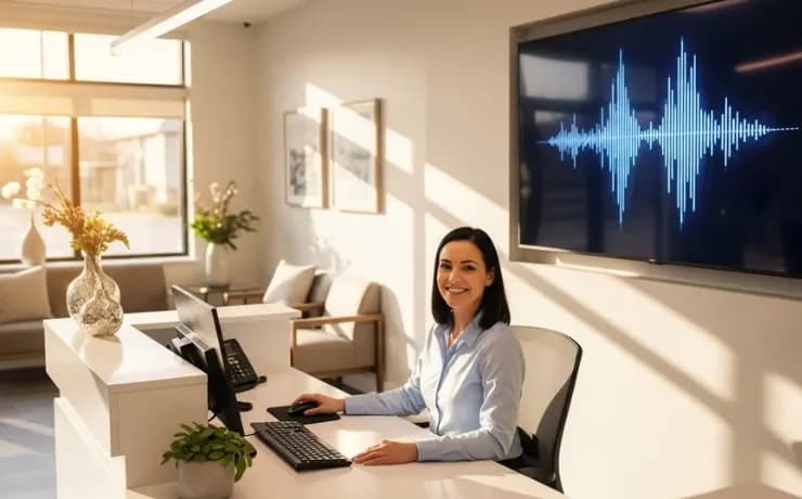 Dental office receptionist desk with AI phone assistant answering calls on screen while patients schedule appointments