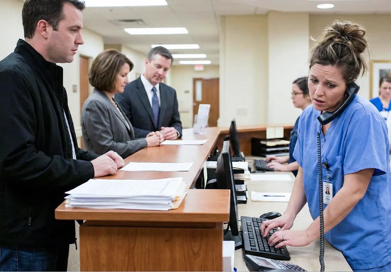 Dental front desk staff using an AI receptionist dashboard, calm office scene as phones are quiet and patients smiling