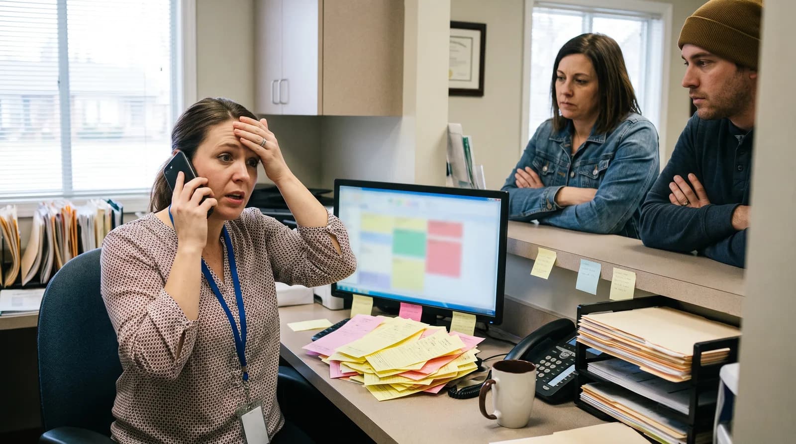 Overwhelmed front desk worker on the phone with call slips piled up and two patients waiting at the counter, showing the strain of dental staffing shortages