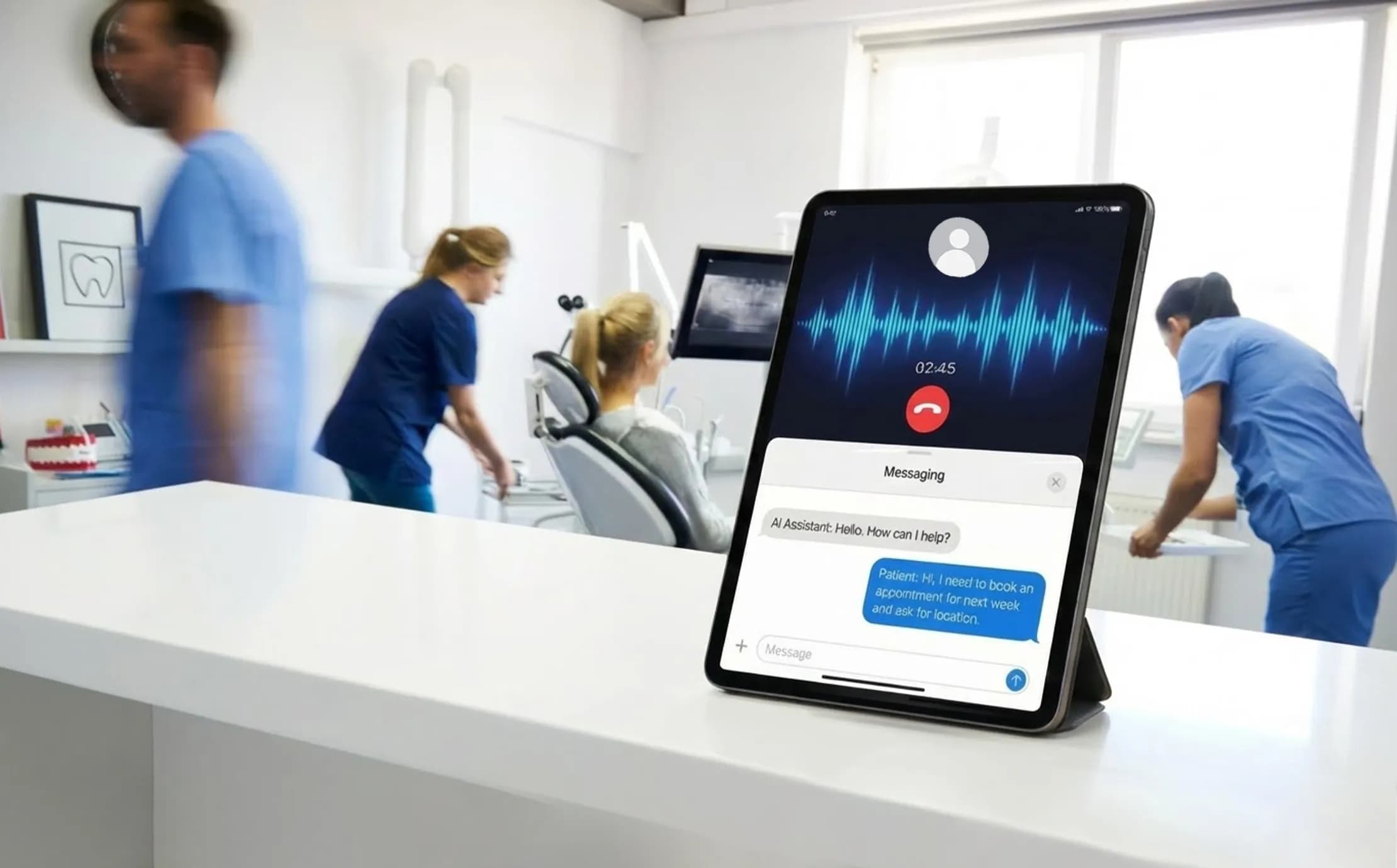 Busy dental front desk with staff member answering phone, missed call alerts on screen, patients waiting, stress visible