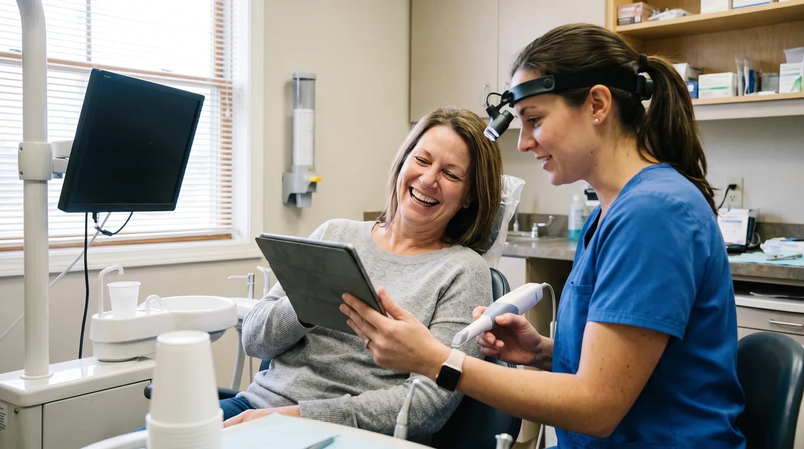 Dental patient using tablet for online check-in while staff use AI software at modern clinic desk, improving speed and comfort