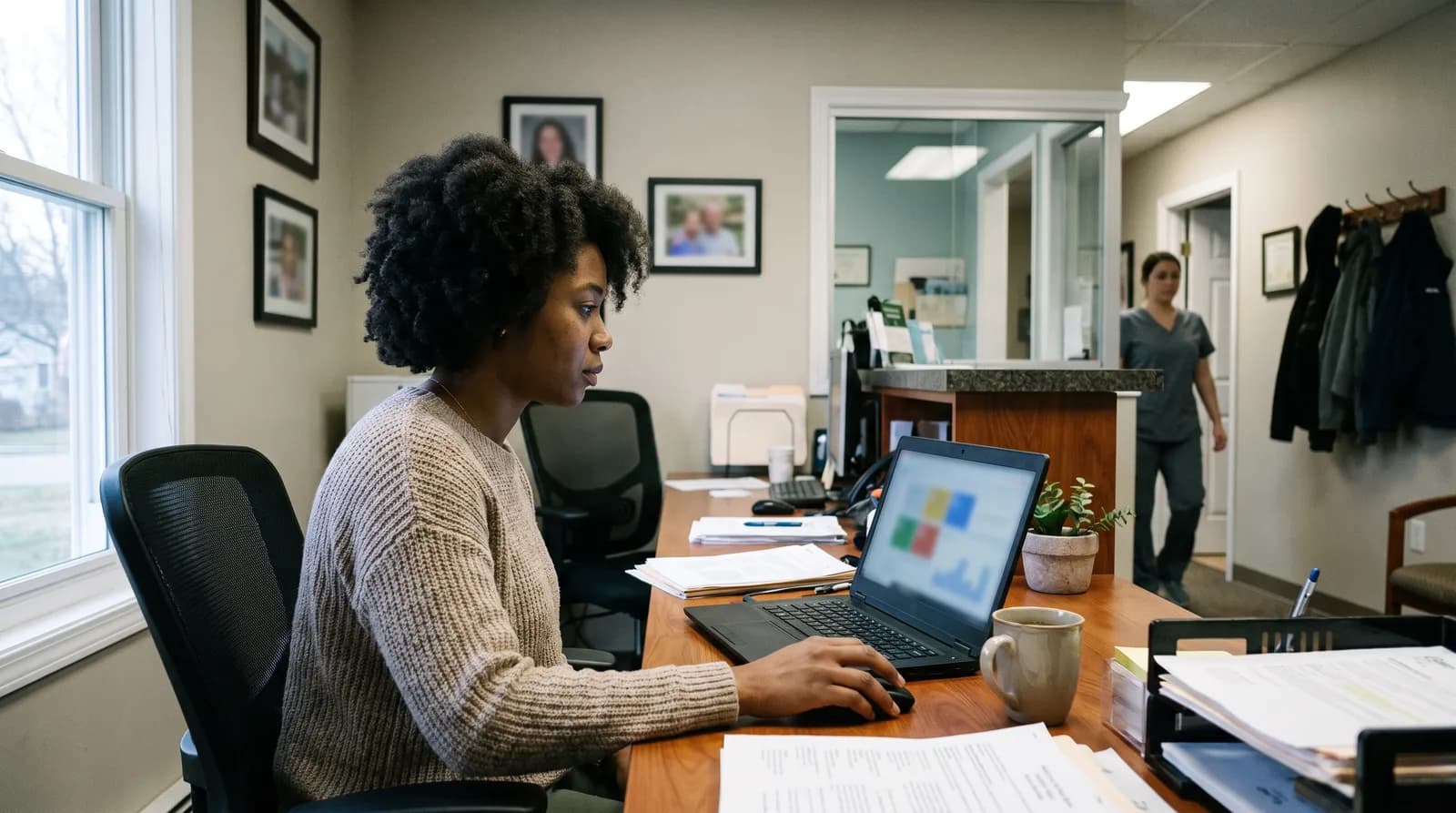 Dental patient calling after hours while receptionist dashboard shows emergency routing and scheduled appointments on screen