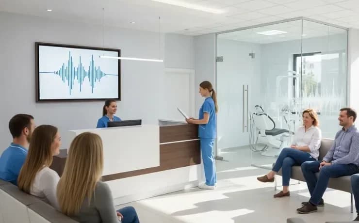 Dental office front desk with receptionist assisting patients while AI call system manages ringing phones on computer screen