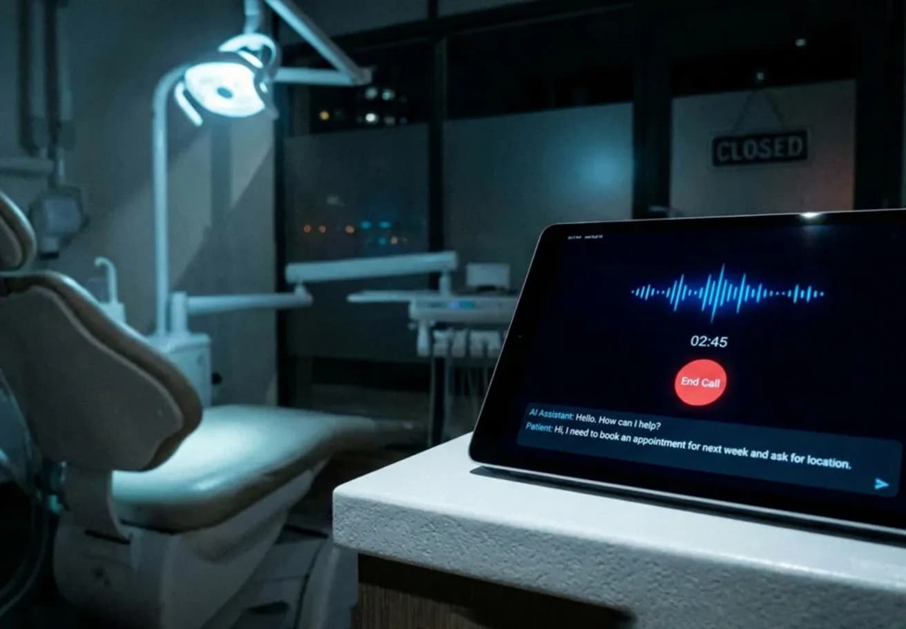 Dental office at night with phone ringing, receptionist using headset to assist patient calling after hours for urgent care