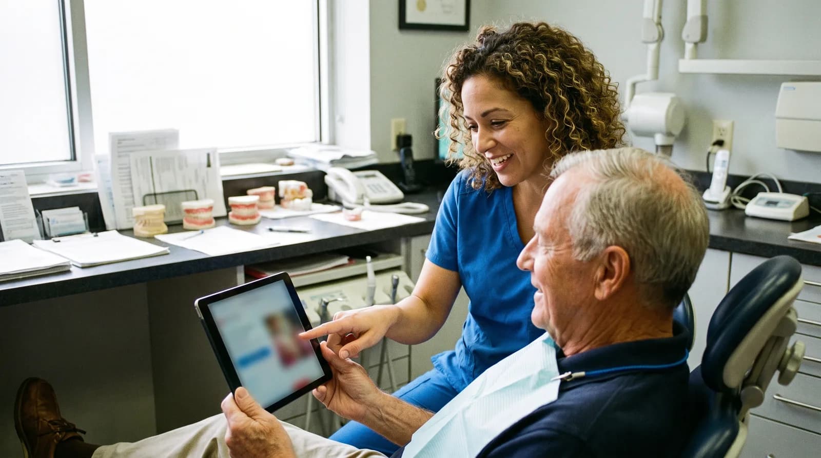 AI patient communication platform dashboard beside a dental patient booking an appointment by text