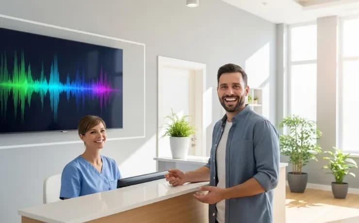 Dental office front desk with AI receptionist software answering phone calls while staff assist patients at check-in desk